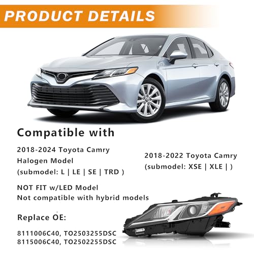Left Driver Side Headlight Assembly Compatible with 2018 2019 2020 2021 2022 2023 2024 Toyota Camry L LE SE Head Lamps, Chrome Housing Amber by corkiauto - Image 2