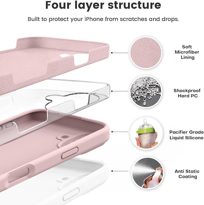 Image of DIZORO Compatible for iPhone 16 Case 6.1, Slim Liquid Silicone 3 Layers Full Covered Soft Gel Rubber Phone Case Protective Case Cover - Baby Pink