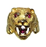 Anello Testa di Leone in argento 925% con doratura, con brillanti cubic zirconia di colore rosso rubino. Peso 10 grammi circa. Certificato di garanzia e confezione regalo. Produzione Corsano laboratorio orafo