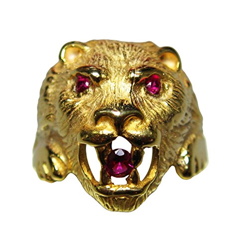 Anello Testa di Leone in argento 925% con doratura, con brillanti cubic zirconia di colore rosso rubino. Peso 10 grammi circa. Certificato di garanzia e confezione regalo. Produzione Corsano laboratorio orafo