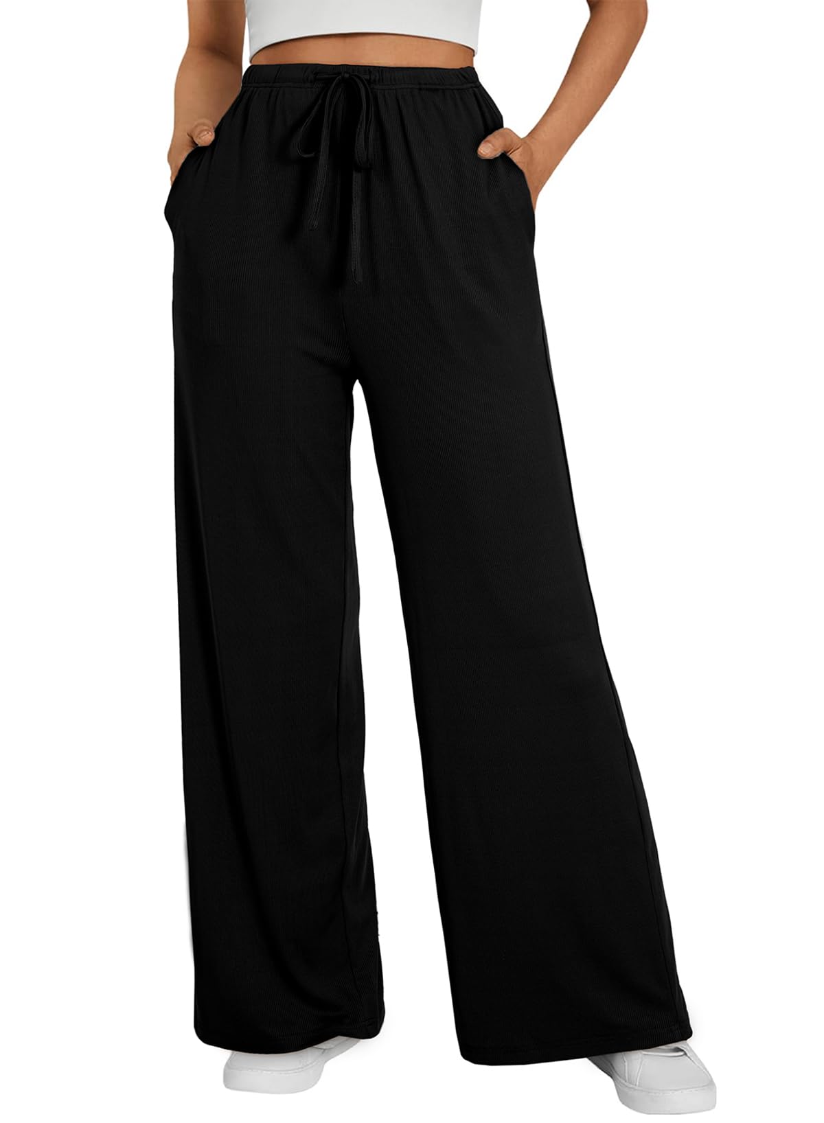 EVALESS Wide Leg Sweatpants Women Casual Loose Fit Fashion 2026 Trendy Fall Winter Ribbed Sweat Pants with Pockets Black Medium