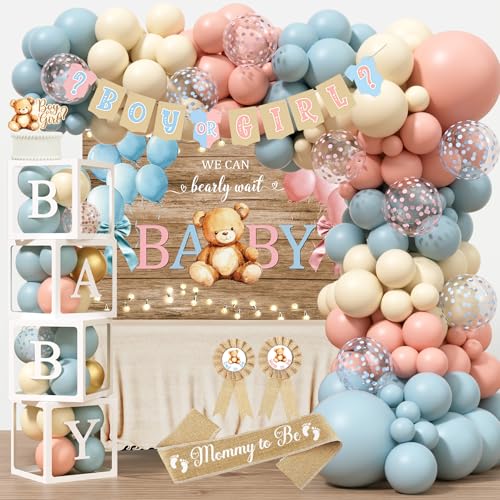 Bear Gender Reveal Decorations He or She Gender Reveal Party Decoration Boy or Girl Bear Theme Party Supplies with Backdrop BABY-Box Tablecloth Mom to Be Sash Dad to Be Pin Balloon Arch
