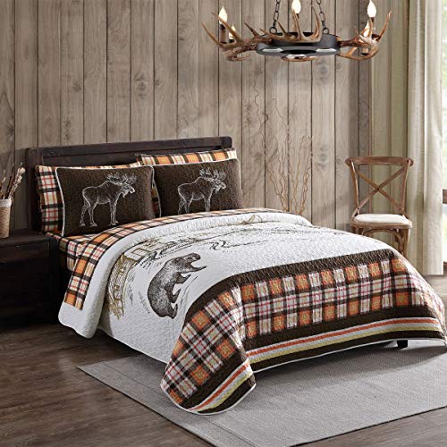 Howplum 7-Piece Rustic Mountain King Oversized Quilt Bed In A Bag With Shams And Microfiber Sheet Set, Plaid Bear Moose Brown Orange #TOP5