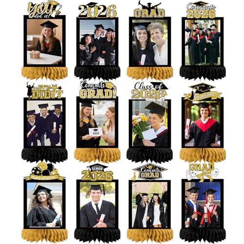 12 Pcs 2026 Graduation Decorations Table Centerpiece, Black Gold Congrats Grad Honeycomb Class of 2026 Photo Toppers for Graduation Party Favors Supplies Indoor Outdoor