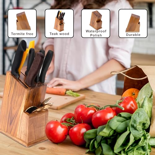 Image of Knife Holder Stand for Kitchen Universal Stand with 6 Slots Cutlery Holder Teak Wood (MODEL002) (MODEL002)