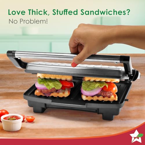 Image of Wonderchef Essenza Contact Grill | 400W | for Thick Sandwiches, Burgers, Patties | Dual-Side Heating | Non-Stick Grill Plates | Oil Collector Tray | LED Indicator | Compact Design | 1-Year Warranty