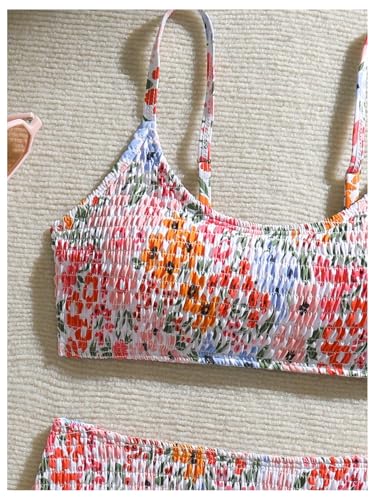 Image of MAKEMECHIC Girl's Ditsy Floral Print 2 Piece Bikini Set Scoop Neck Ruched Triangle Beach Bathing Suit