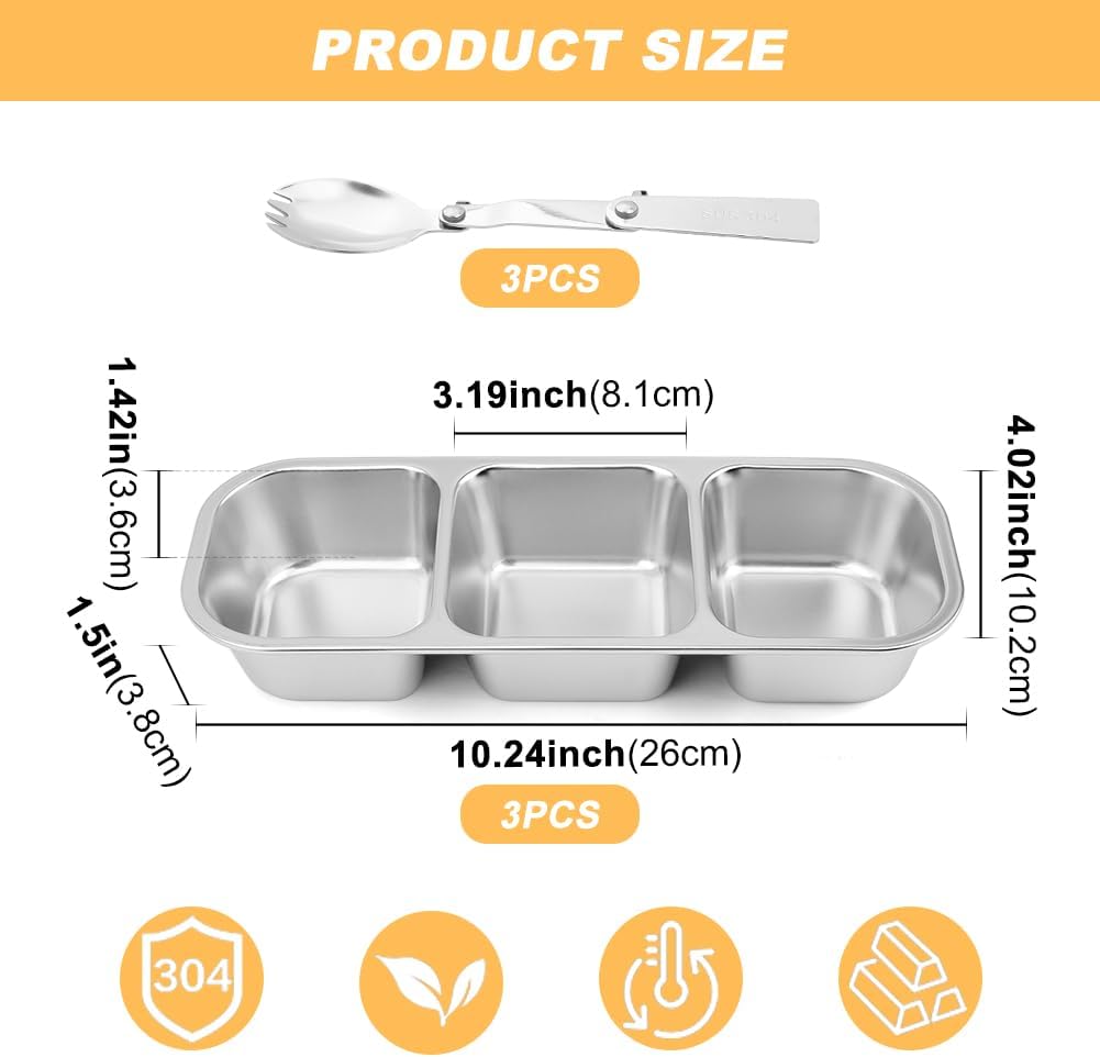 3 Pack Stainless Steel Snack Containers, Leek Proof Metal Bento Lunch Box with 3 Compartment and Lids, Reusable Stackable Metal Snack Box for Home, Travel - Image 2