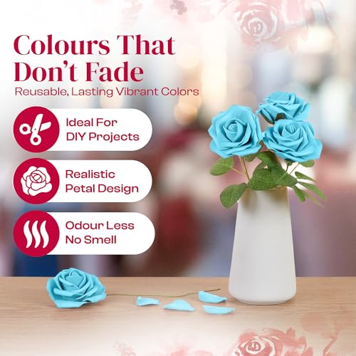 Petalscentusia Artificial Roses 25 pcs Fake Roses with Stems and 18 Leaves Foam Latex for Wedding Bouquets, Valentine's Day, Home Décor, and Party Decorations (Sky Blue Roses) - Image 2
