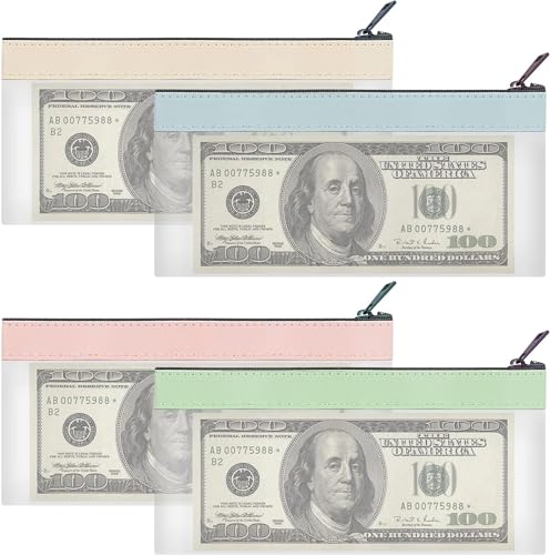 Sacchetti per soldi con cerniera, buste per contanti, 19 x 9 cm, sacchetto per denaro, sacchetti trasparenti per deposito bancario, portafoglio multiuso a quadri in 4 colori (confezione da 4)