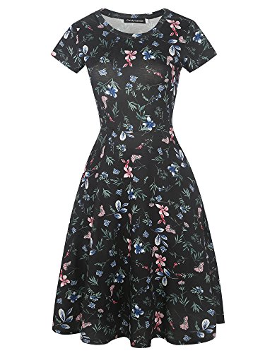 Image of oxiuly Women Casual Dress Round Neck Soft Cotton Floral A-Line Midi Summer Dresses with Pockets OX262