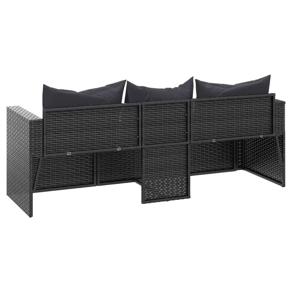 Divano da Giardino a 3 Posti con Cuscini Nero in Polyrattan, Set Giardino Esterno, Set Mobili da Giardino, Salotto da Giardino Esterno in Rattan Per Esterno Piscina Balcone