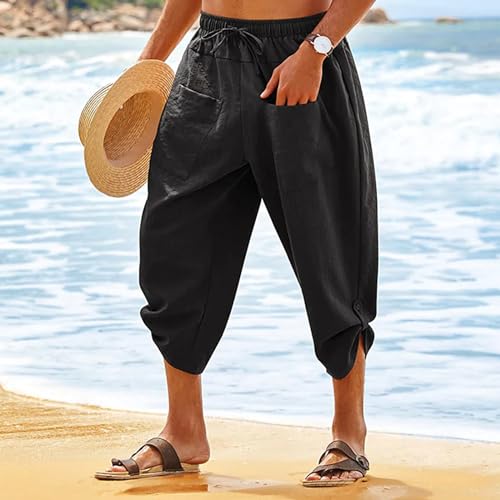 Mens Casual Linen Capri Pants Boho Harem Elastic Waist Trousers Yoga Drawstring Straight Legs Lightweight Pant2