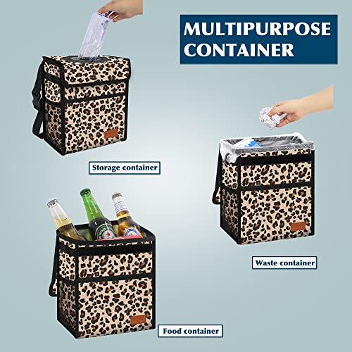 Image of Car Trash Can with Lid Leak Proof Garbage Waterproof Bag for SUV Front Seat Multipurpose Hanging Headrest Collapsible and Portable Storage Mesh Pocket, Leopard Print