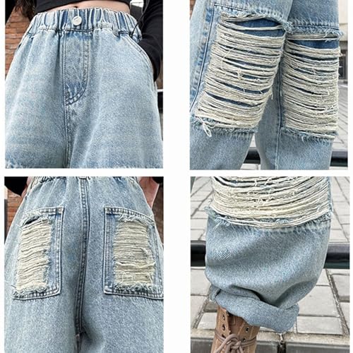 Girls Ripped Jeans Elastic Waist Denim Baggy Pants Wide Leg Straight Distressed Jeans with Pockets Streetwear Clothes3