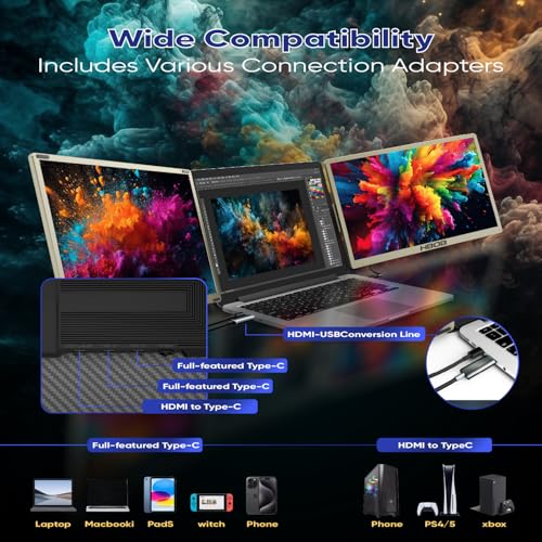Image of HBOB S6 Dual Laptop Screen Extender, 15.6'' Triple Portable Monitor for Laptop Plug and Play, Extender for 13''-17'' Laptops Compatible with Windows, Chrome, Switch,1080P FHD IPS Monitor