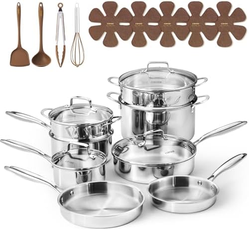 CAROTE 21pcs Tri-Ply Stainless Steel Cookware Set, Pots and Pans ...