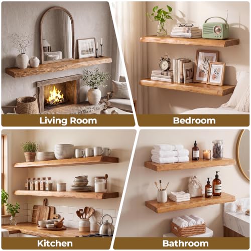 Image of Live Edge Elm Floating Shelves - 20 In Rustic Solid Wood Shelves with Heavy-Duty Invisible Bracket, Wall-Mounted Wooden Shelf for Living Room, Bathroom, Kitchen Storage & Display, Set of 2, Natural