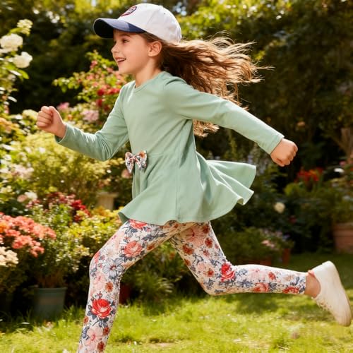Image of Kids Toddler Girls Clothing Set Long Sleeve Top With Bowknot ＋Floral Print Pants 2 Pcs Fall Outfits Set