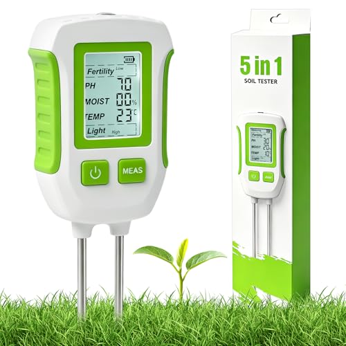 PATEMZON Medidor de Suelo, Medidor de pH Tierra 5 en 1, Medidor Humedad Plantas Suelo para Fertilidad/PH/Humedad/Temperatura/Luz con Pantalla LCD Retroiluminada para Jardinería Agricultura