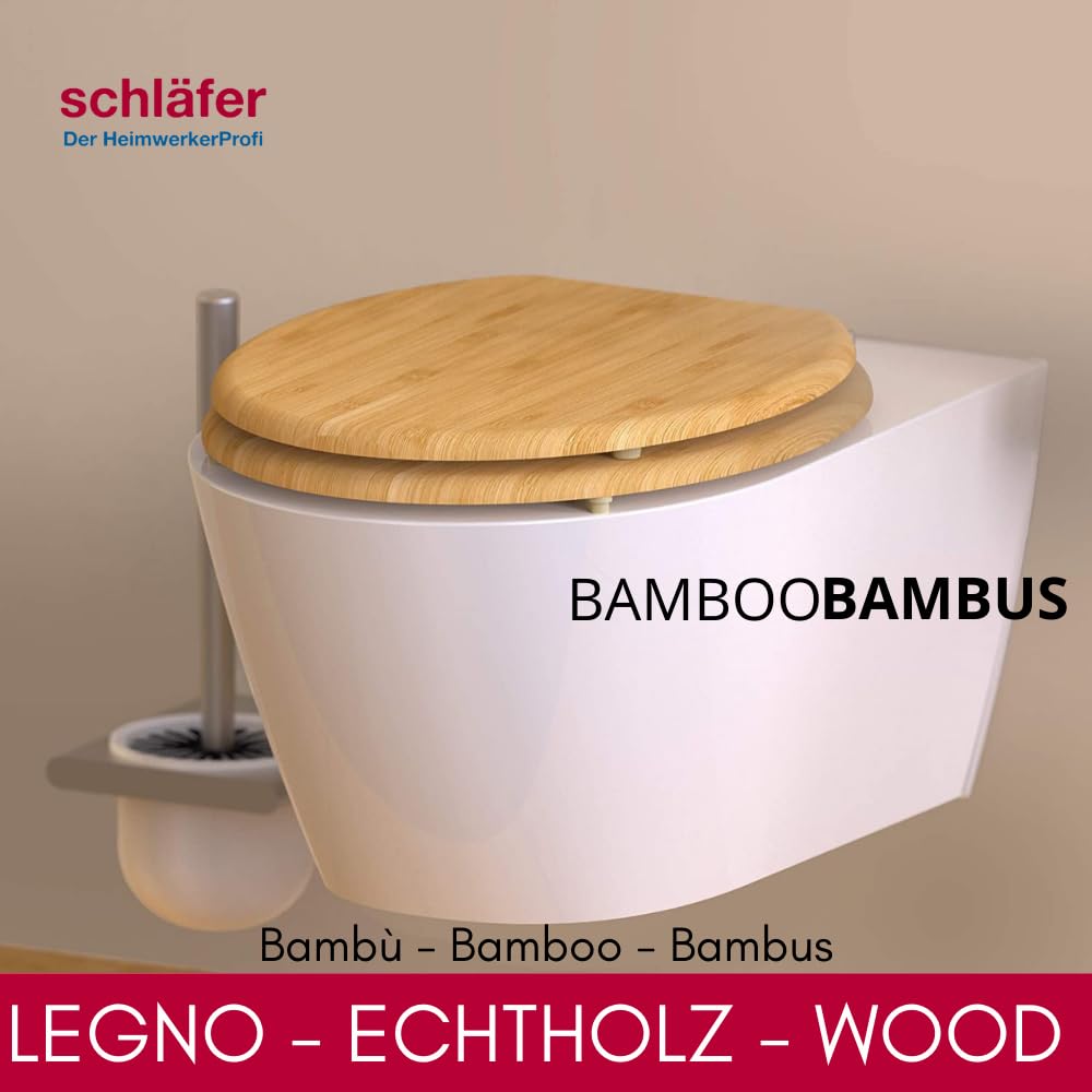 Schläfer 4637153 | Sedile Copriwater Universale Bambus con chiusura Softclose wc Automatica, Tavoletta Bamboo in Legno con Cerniere Regolabili, Copri Wc in Vero Bambù Forma Ovale.