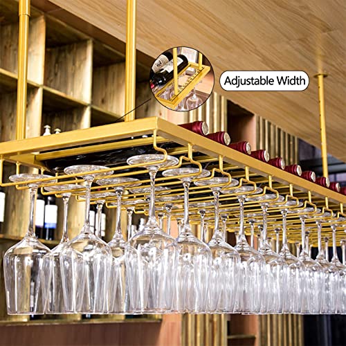 Regulowany złoty sufitowy wiszący stojak na wino - odwrócony uchwyt na kieliszki do wina i półka do przechowywania butelek do domu, kuchni, baru, spiżarni, 80 x 30 cm