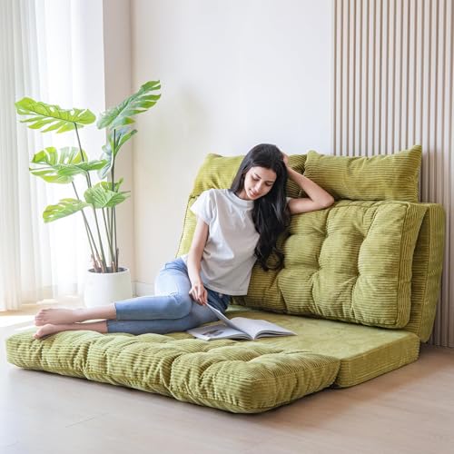 Image of MAXYOYO Folding Sofa Bed, Tufted Bean Bag Bed with Pillows Floor Couch for Adults, Extra Thick and Long Floor Sofa, Full Floor Couch Bed for Bedroom Living Room, Green, 54x91 Inch