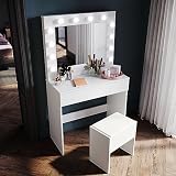 SONNI Tocador, 12 Luces LED con Brillo Ajustable, 1 Cajones Grandes y Taburete, Estilo Moderno, Blanco 798 400 1400mm (80x40x140cm-Bianco)