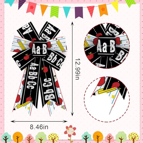 Threetols 2 PCS Back to School Bows for Wreath, Black ABC Apple Teacher Wreath Bows School Rock Bows for Front Door, Apple Pencil Stripe Tree Topper Bows for First Day of School Indoor Outdoor Decor