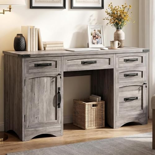 Decofy Farmhouse Executive Desk with Drawers 55 Home Office Desks with Fast Charging Station Lockable File Cabinet Wood Writing Computer Desk for Work Study Grey