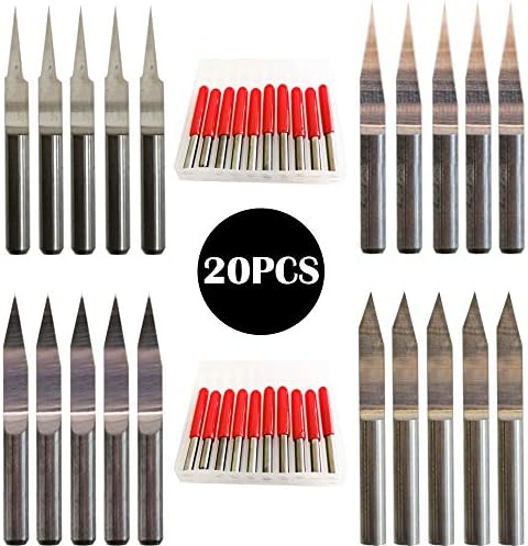 CESFONJER 20Pcs Carbide PCB Engraving Bits CNC Router Engraving Bits Tool Set 0.1mm 10° 15° 0.2mm 20° 30°