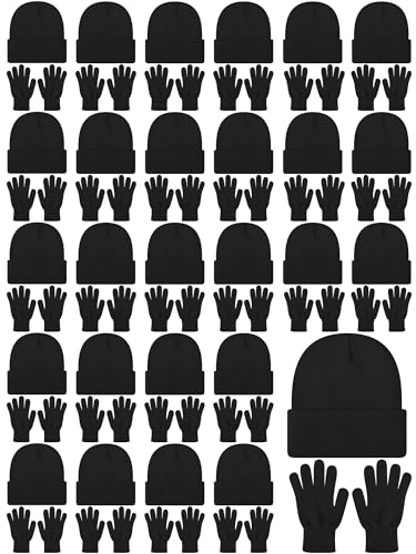 Suhine 200 Pieces Winter Beanies Gloves Sets Include 100 Black Warm Knitted Hats Bulk and 100 Gloves for Men Women Homeless, Black, One Size