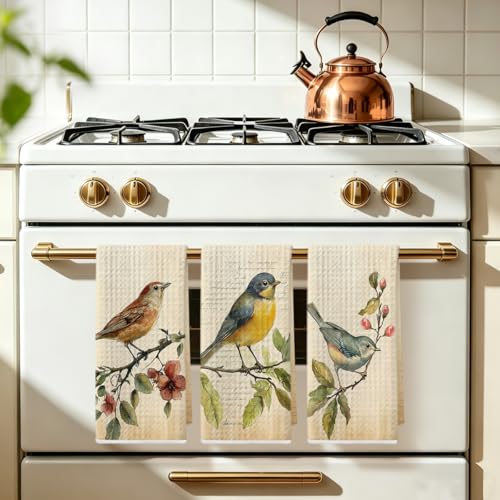 Image of 3 Pcs Vintage Birds Kitchen Towels, Vintage Artistic Decorative Absorbent Microfiber Dish Cloth Tea Towel, Durable Hand Towels for Farmhouse Home Bathroom, Bird Lover Gifts