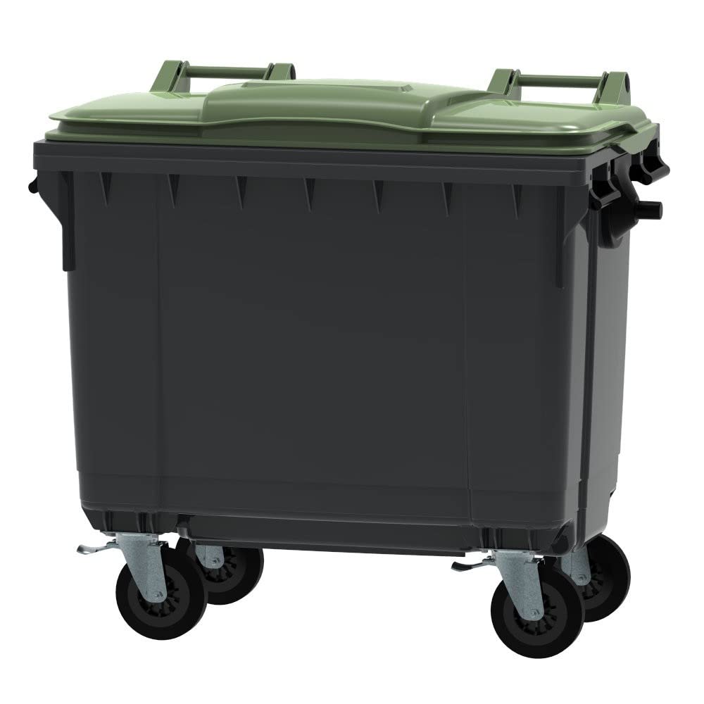 ESE France Conteneur Poubelle à déchets 4 roues - 660L - Robuste et Professionnel - 100% Recyclé - Gris avec Couvercle Vert - Fabriqué en France