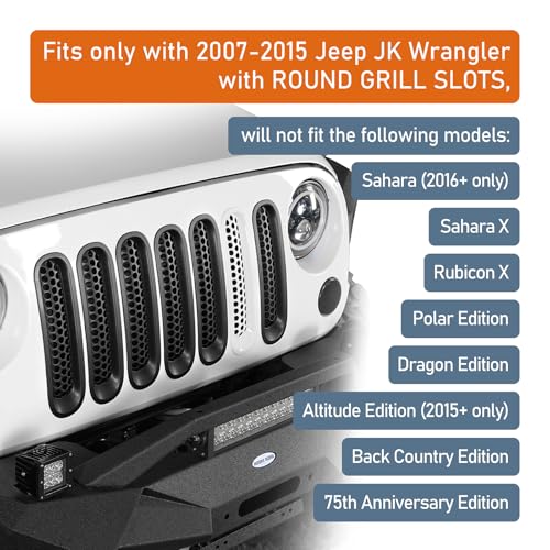 Hooke Road Matte Black Grill Inserts Front Mesh Grille Cover for 2007-2015 Jeep JK Wrangler & Unlimited Wrangler Accessories (7PCS Black + 1PCS White) by Hooke Road - Image 2