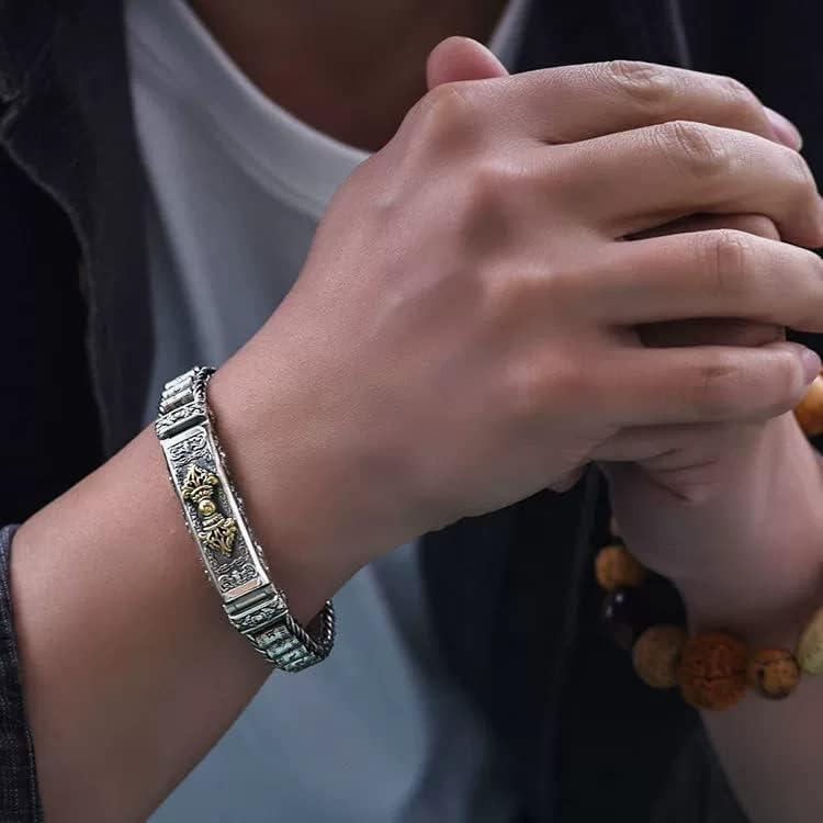 LYGBAOFUL Bracciale Rigido in Argento Sterling, Bracciale retrò, Bracciale Mantra Rotante a Sei Caratteri S925, Bracciale Religioso Uomo Donna, pestello Vajra+Ruota di Preghiera, Regalo di Gioielli