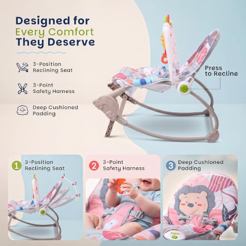 Image of Baybee 2 in 1 Baby Rocker & Bouncer, 3-Position Recline, Soothing Music, Removable Hanging Toys, Soft Cushioned Seat & Safety Harness, Rocking Chair for Newborn 0-3 Years (Grey)