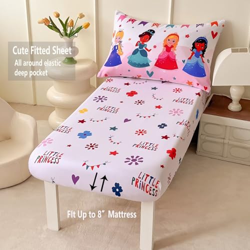 Image of 4 Piece Princess Toddler Bedding Sets for Girls,Pink Princess Comforter Sets,Ultra Soft Toddler Bed Set Includes Comforter, Flat Sheet, Fitted Sheet,Pillowcase