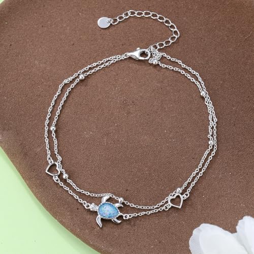 Image of 925 Sterling Silver Layered Ankle Bracelets for Women Jewelry Gifts | 925 Sterling Silver Layered Sea Turtles /Elephant /Wave Anklet Animal Bracelet Summer Ocean Beach Jewelry Gifts for Women