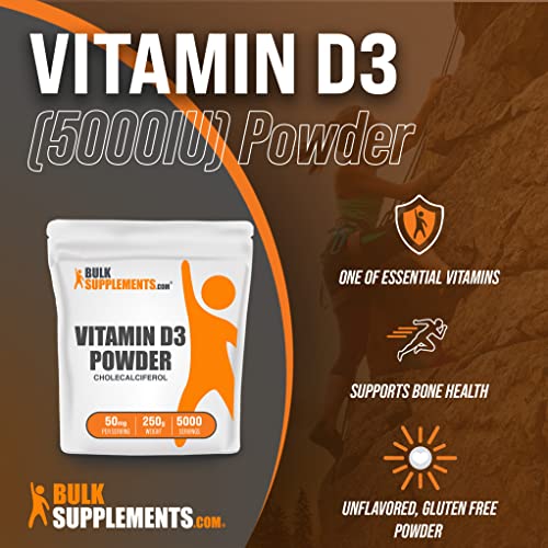 Bulksupplements.com Vitamin D3 Powder - Cholecalciferol For Bone Support, Unflavored & Gluten Free - 50Mg With 125Mcg (5000Iu) Of Vitamin D3 Per Serving (250 Grams - 8.8 Oz) #TOP2