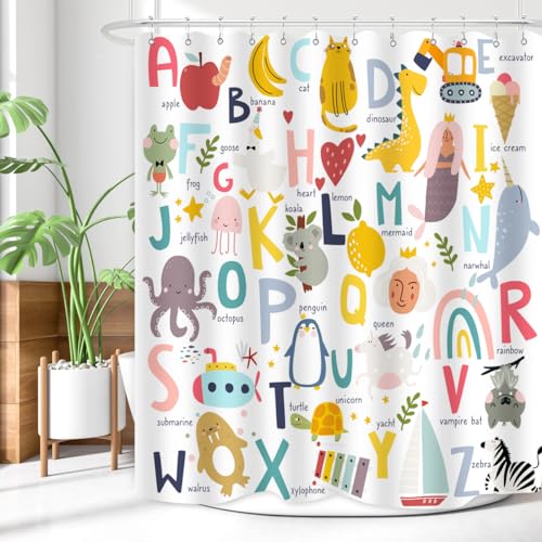 Image of Alphabet Shower Curtain Kids ABC Educational Learning Tool Baby Cartoon Animals Girls Boys Colorful Bathroom Decor Waterproof Fabric 72Lx60W Inch with Hooks
