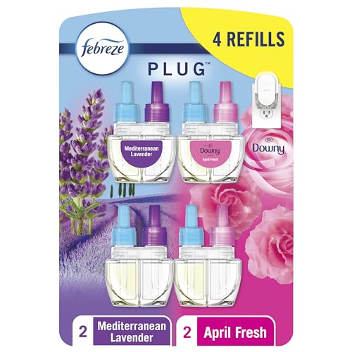 Febreze Odor-Fighting Fade Defy PLUG Air Freshener,Downy April Fresh, Mediterranean Lavender, .87 fl. oz. Oil Refills, 4 Refills (2 of Each)