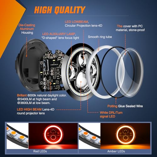 Image of Nilight 7 Inch Round LED Halo Headlights w /Turn Signal Amber Light Red DRL High Low Beam 7 inch Headlight Compatible with 2007 2008 2009 2010 2011 2012 2013 2014 2015 2016 2017 2018 Wrangler JK JKU