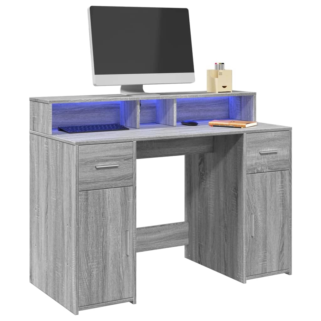 Bureau ordinateur gris Sonoma en bois d'ingénierie 120 cm avec tiroir et LED