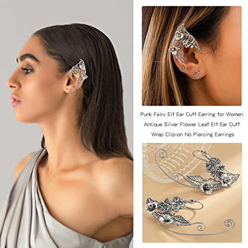 Punk Fairy Elf Ear Cuff Earring For Women Antique Silver Flower Leaf Elf Ear Cuff Wrap Clip-On No Piercing Earrings Goth Ear Cuff Jewelry For Party Christmas Costume Cosplay Jewelry Gift #TOP2