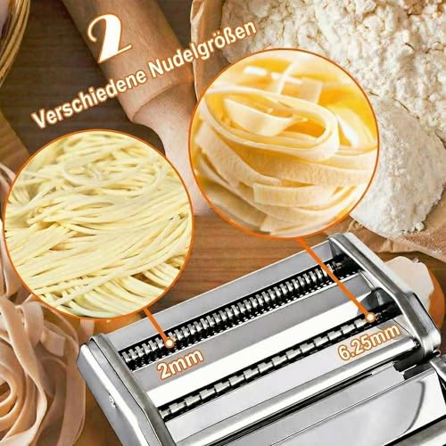 Foto von Sailnovo Nudelmaschine Aluminiumlegierung 180 System 9 Stärke Einstellungen 2 Schneidvorrichtungen für Spaghetti Fettuccini Lasagne Manuell Pasta Maker(Silber)