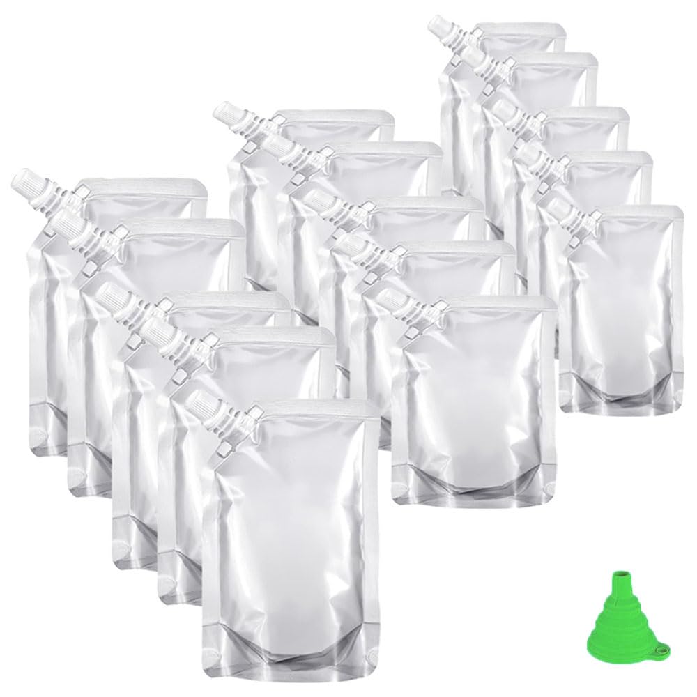 15 Packs Clear Drink Pouches - Refillable Juice Pouch Bags - Leak Proof with Spouts Funnel Beverage Portable Bags for Parties, Picnic, Travel, Sports, Juice, Water(250+380+500 ML)
