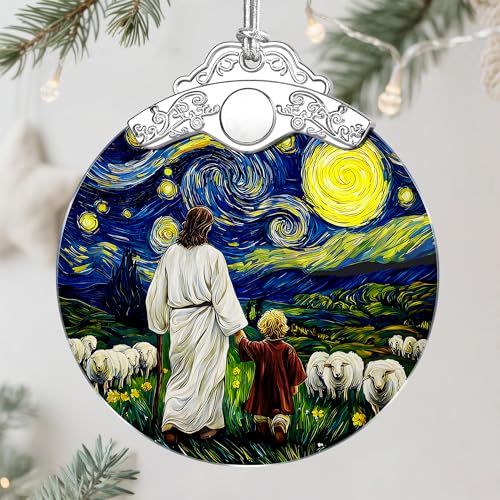 Jesus & Child Starry Night Stained Glass Ornament – Religious Christmas Ornament, Christian Christmas Decoration, Religious Gifts for Her or Him, Gifts for Christians, Friends or Loved Ones