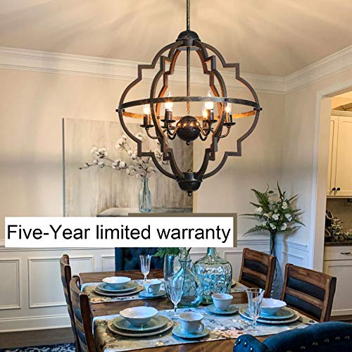 Bsyormak 6-Light Rustic Chandelier Farmhouse Pendant Lighting 22" Large E12 Adjustable Height Stardust Hanging Light Wood Color Painted Globe Vintage Dining Light For Kitchen Island Foyer Entryway #TOP5