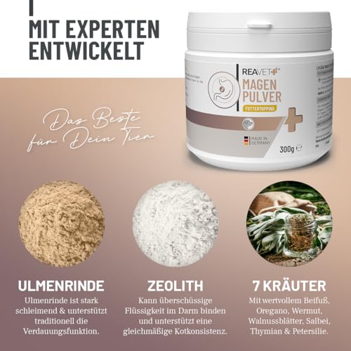 ReaVET Magenpulver für Hunde 300g mit Ulmenrinde ohne Aufkochen I sekundierend bei Durchfall, Blähungen, Grasfressen I Verdauungsunterstützung – Futtertopping Magen & Darm Pulver Slippery Elm Bark